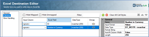 Currency Field in Premium Excel Destination Component (as Text Field)